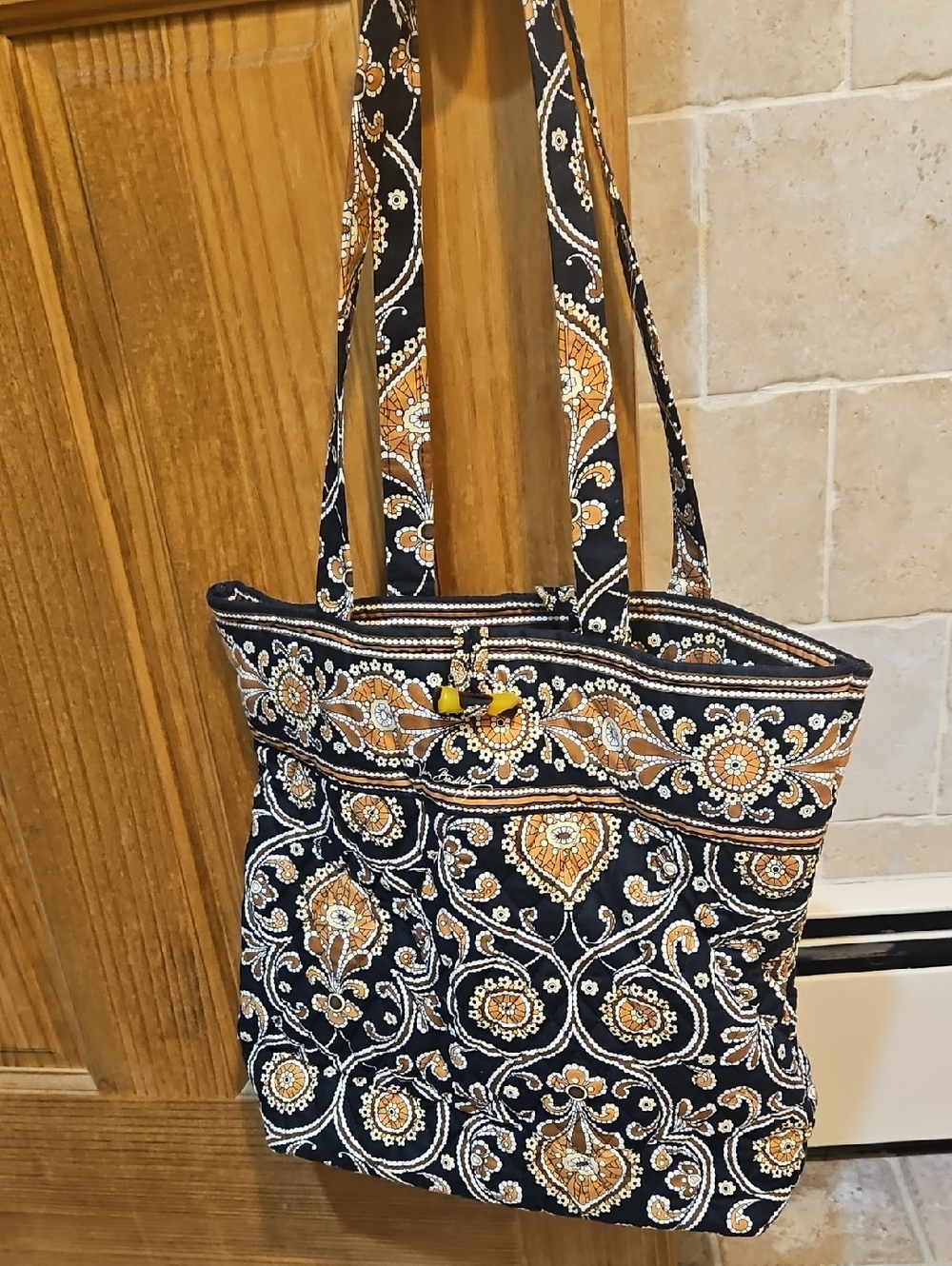 Vera Bradley Quilted Floral Print Tote Bag in Black and Caramel - Women Bags